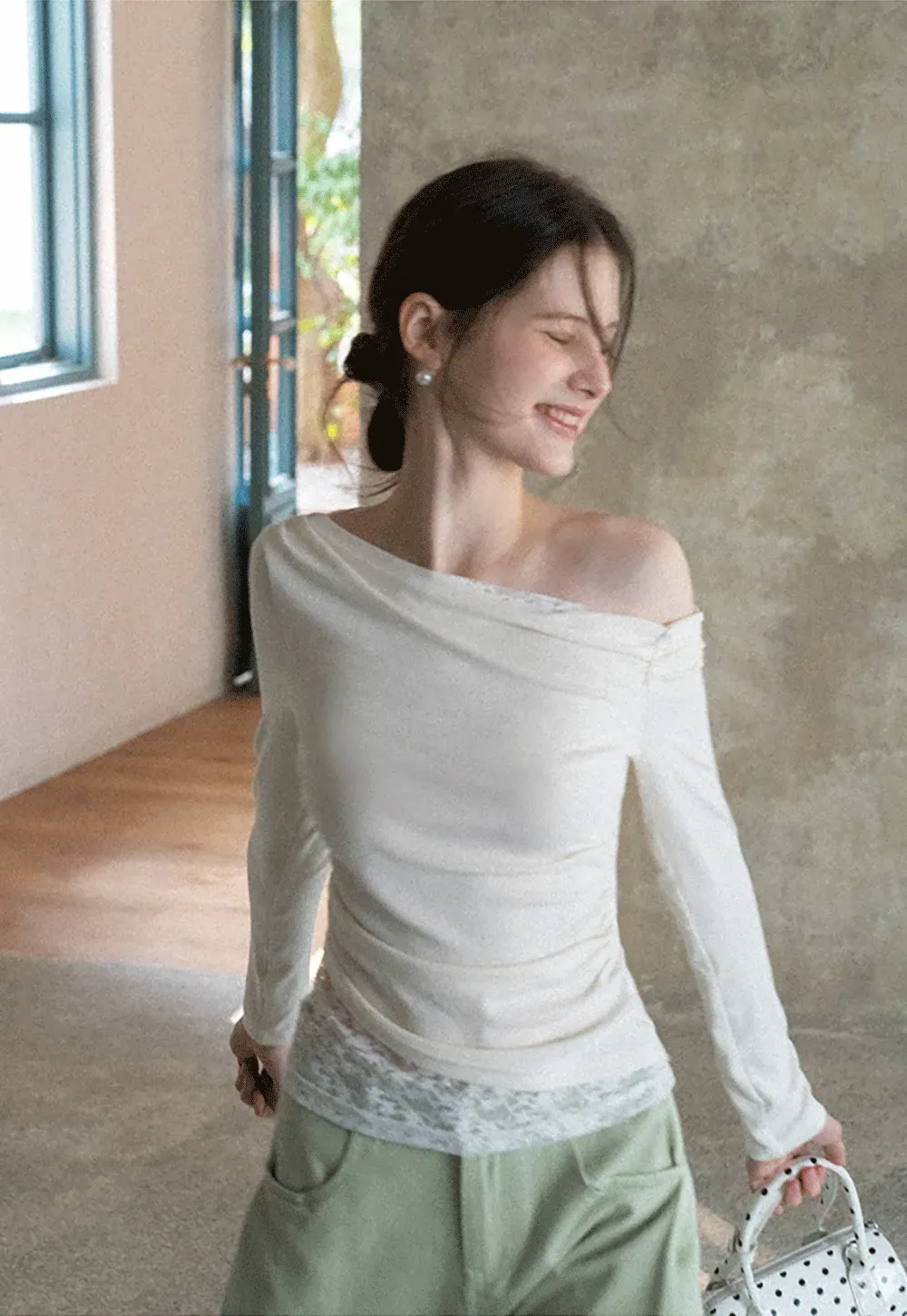 Off shoulder long sleeve top with lace trim