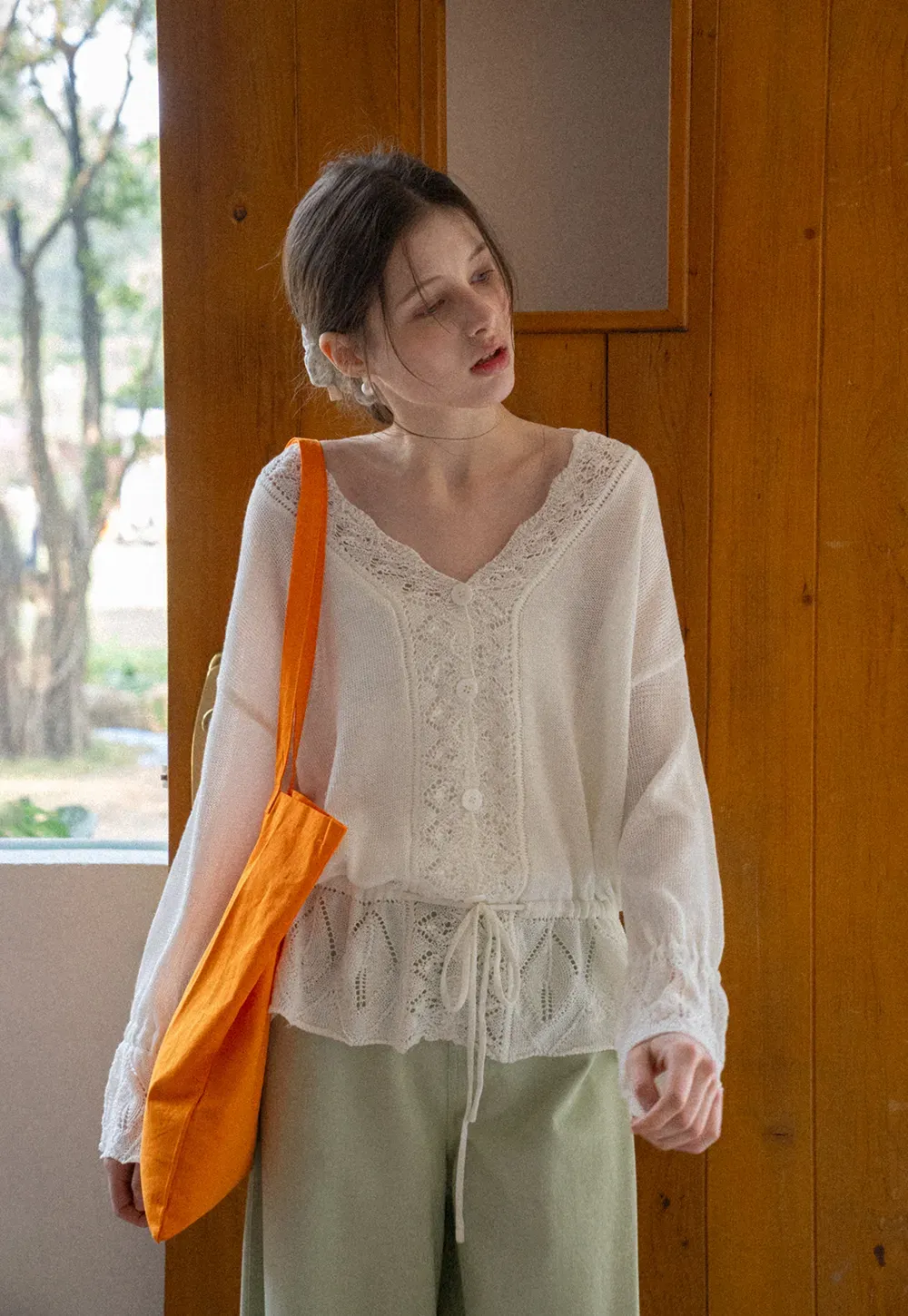 Lace Trimmed V Neck Knit Sweater with Drawstring Hem