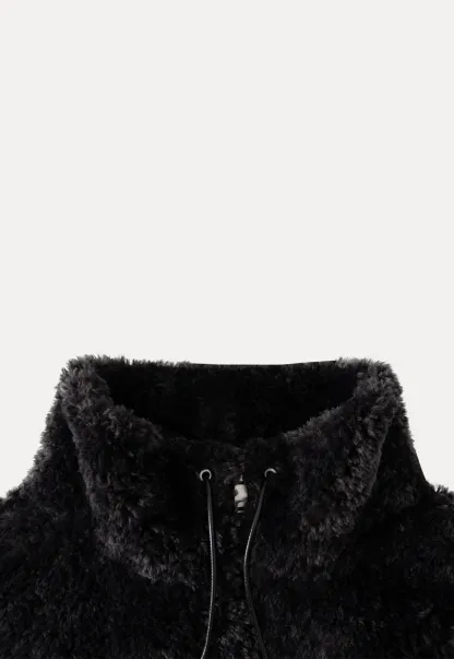 Womens Oversized Stand Collar Faux Leather and Sherpa Jacket