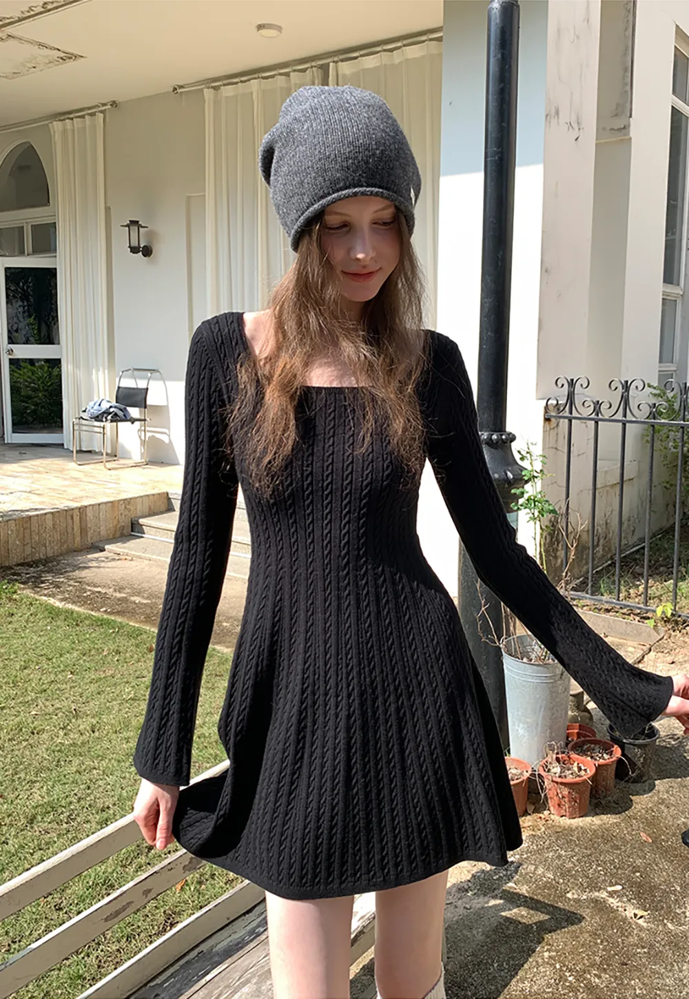 Elegant Cable Knit Flare Dress