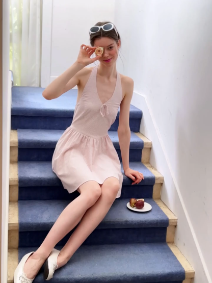 Gingham Check Halter Neck Drawstring Dress