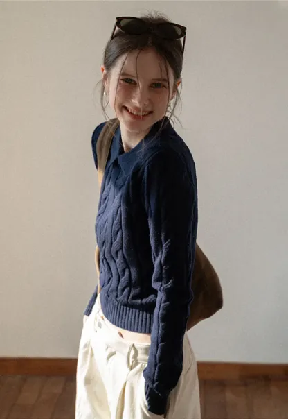 Cable Knit Crop Sweater with Collar