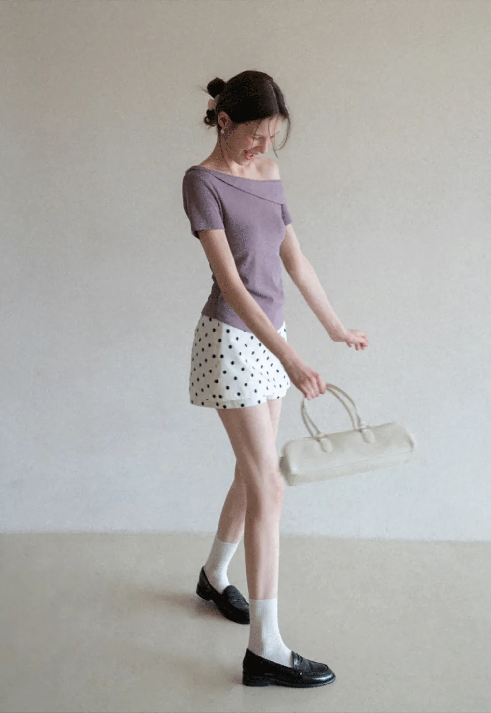 Polka dot off shoulder short sleeve tops