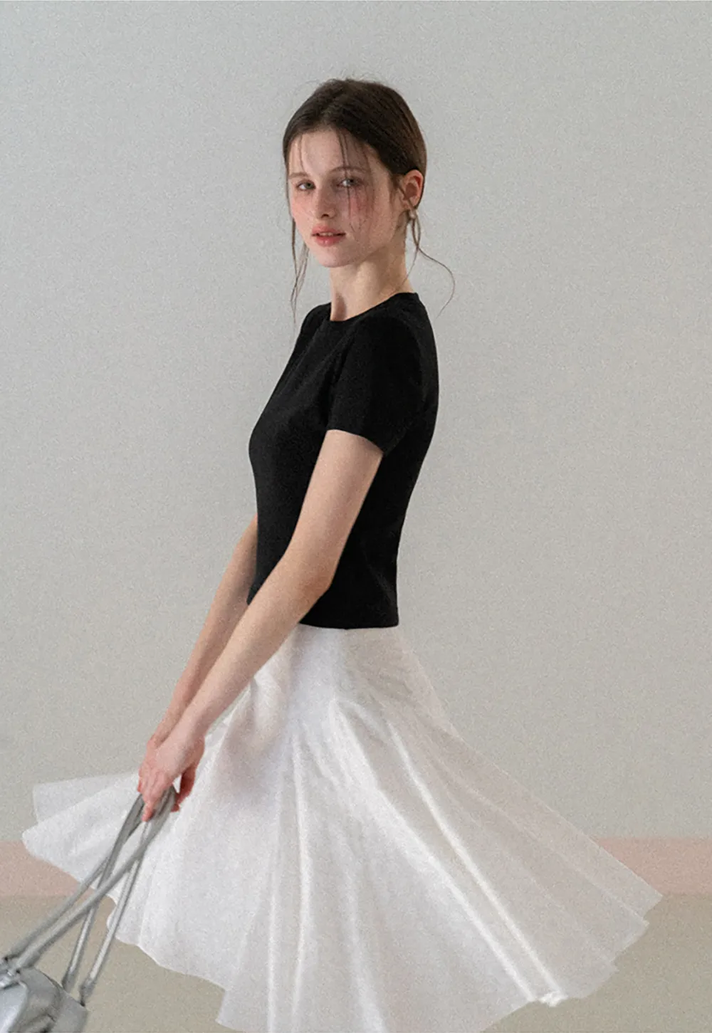 Short Sleeve Crew Neck T Shirt with Sheer Scarf Detail