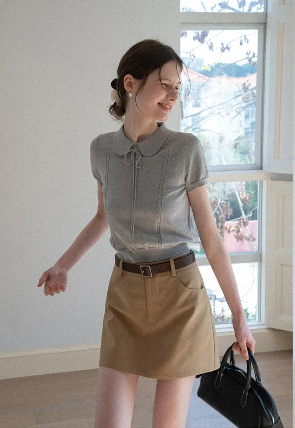 Short Sleeve Knit Top with Collar and Drawstring