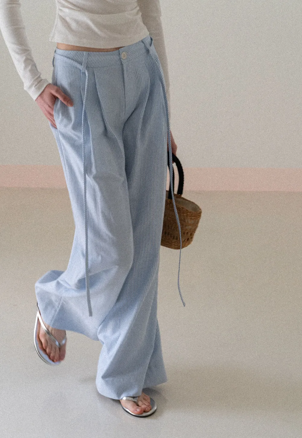 Wide Leg Pleated Casual Pants with Drawstring Waist