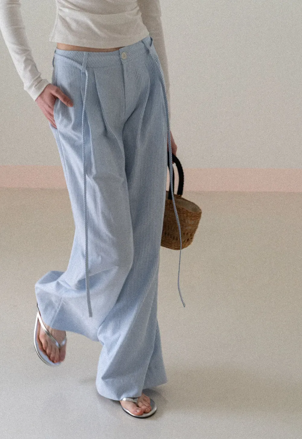 Wide Leg Pleated Casual Pants with Drawstring Waist