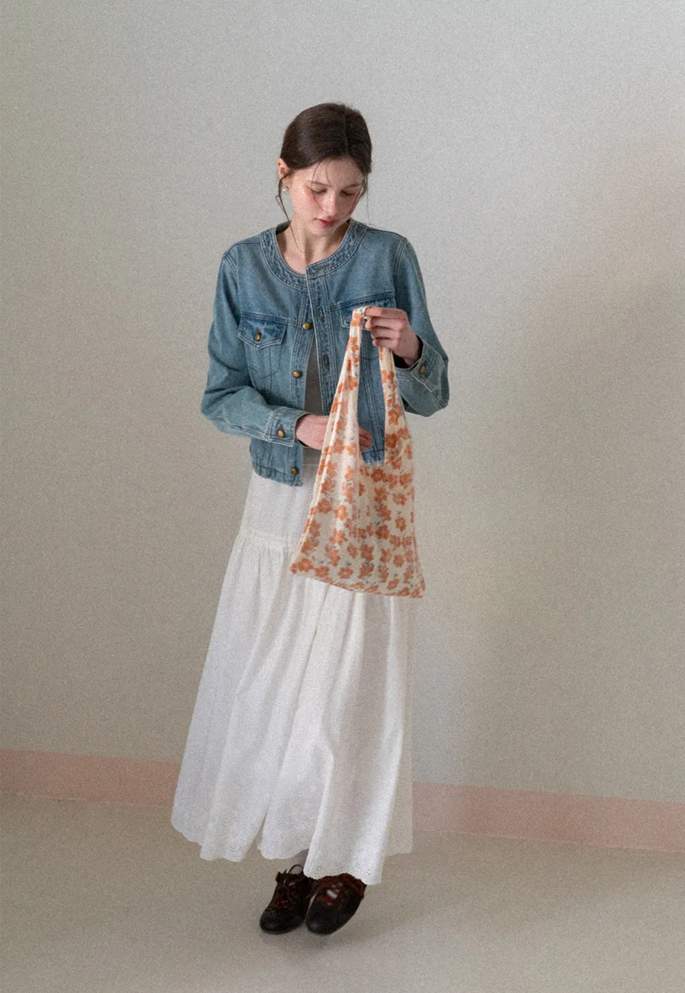 Denim short jacket with button front and chest pockets