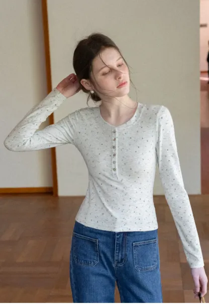 Long sleeve button front top with floral print