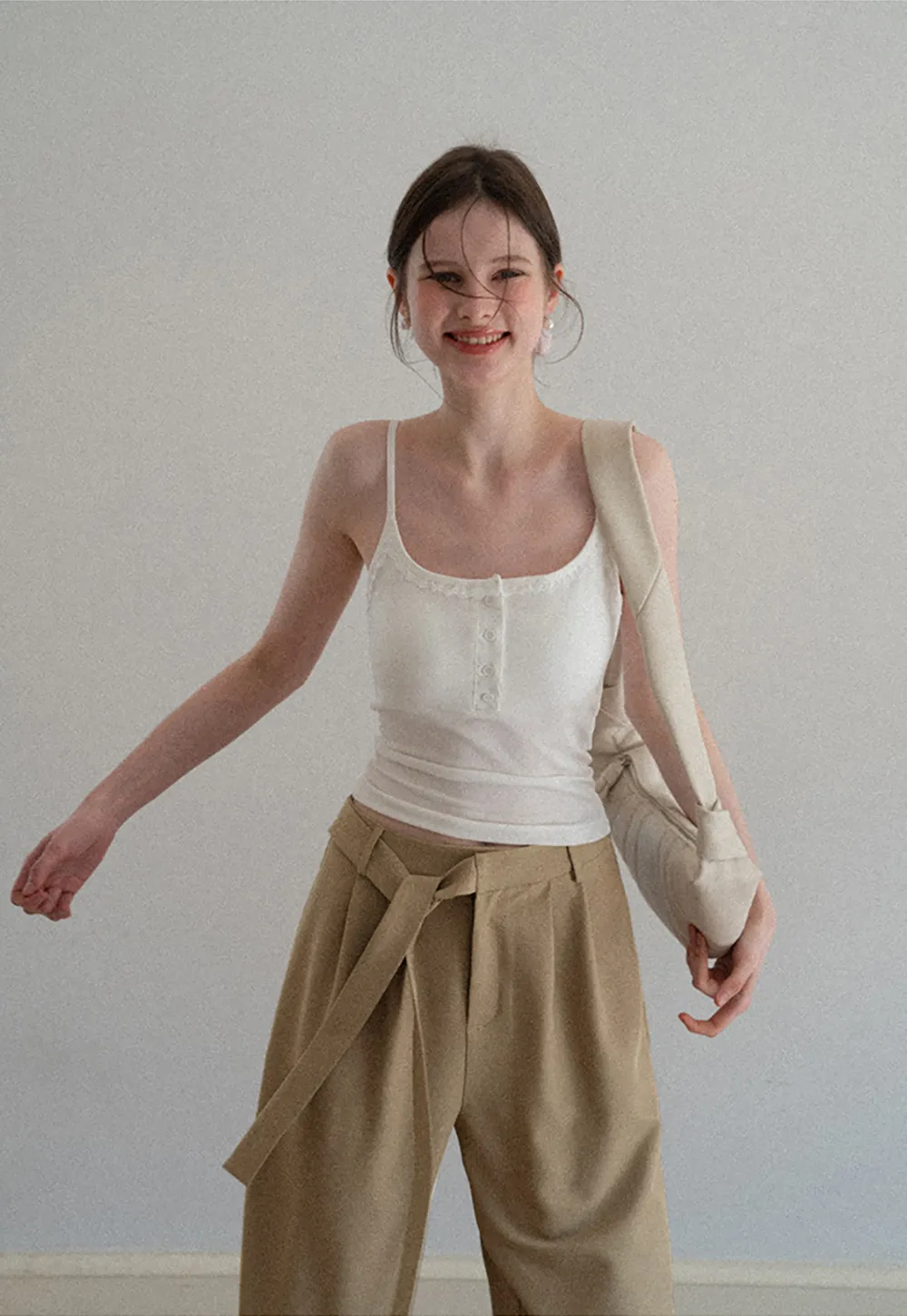 Wide leg casual pants with waist tie