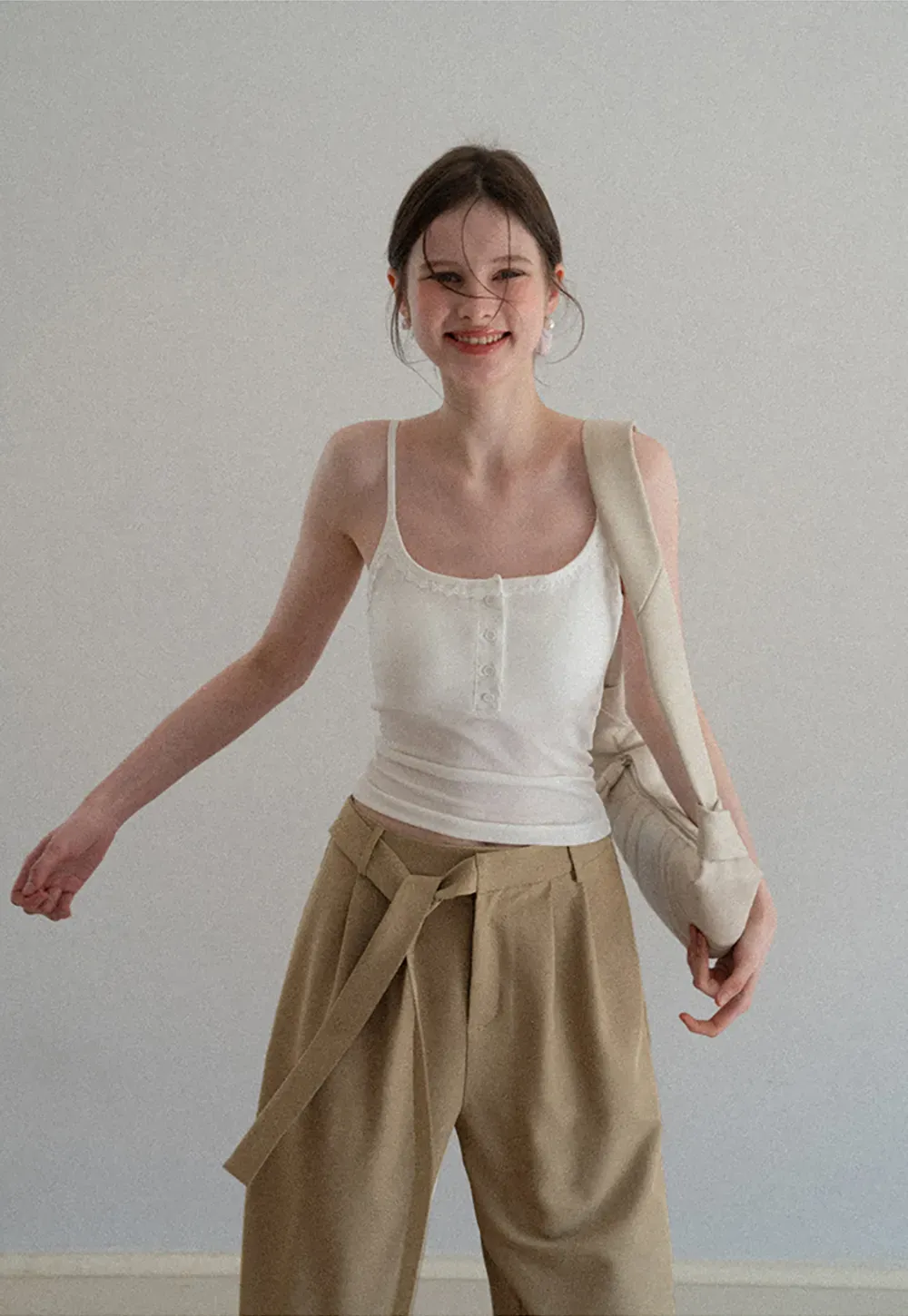 Wide leg casual pants with waist tie