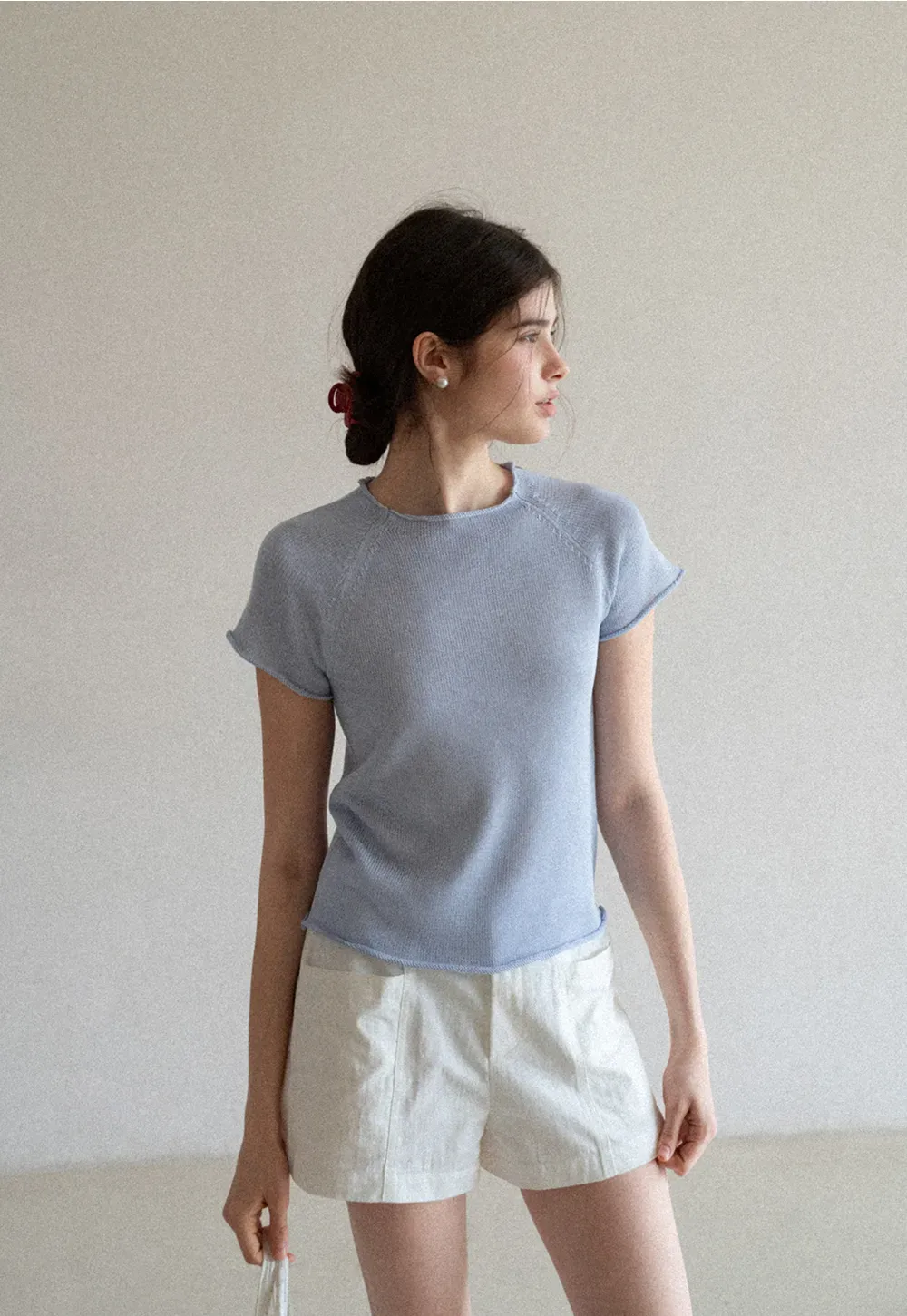 Short Sleeve Ribbed Knit Top with Raglan Sleeves
