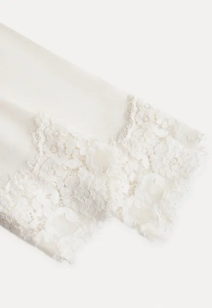 Women Cream White Lace Cuff High Neck Tee