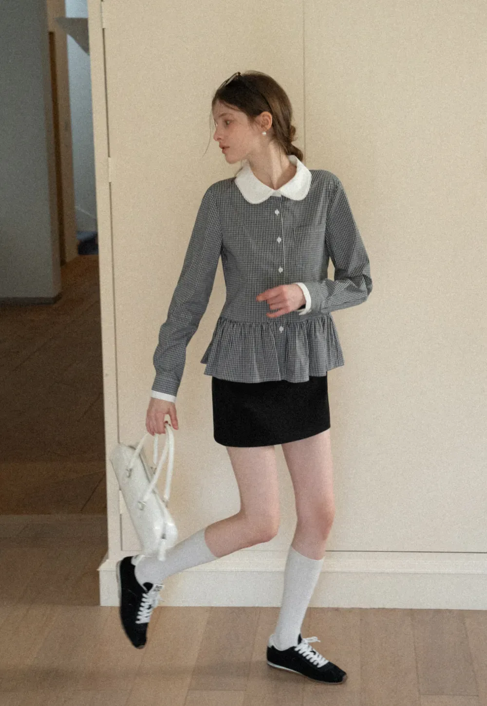 Peplum Gingham Collar Shirt with Flared Hem