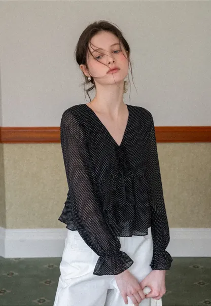 Polka Dot Sheer Blouse with Ruffled Hem and Tie Neck