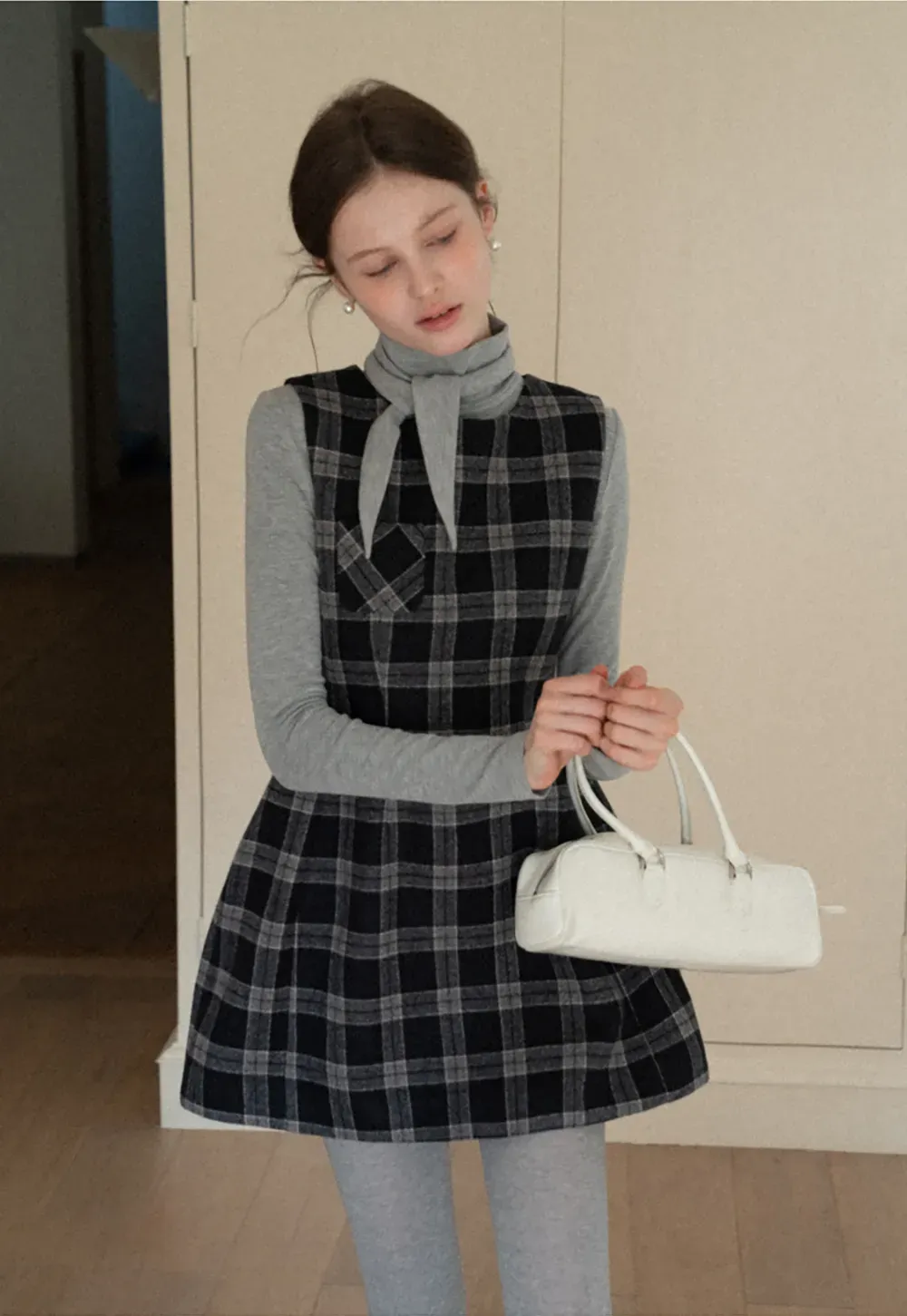 Sleeveless Plaid Dress with High Neck Tie Design