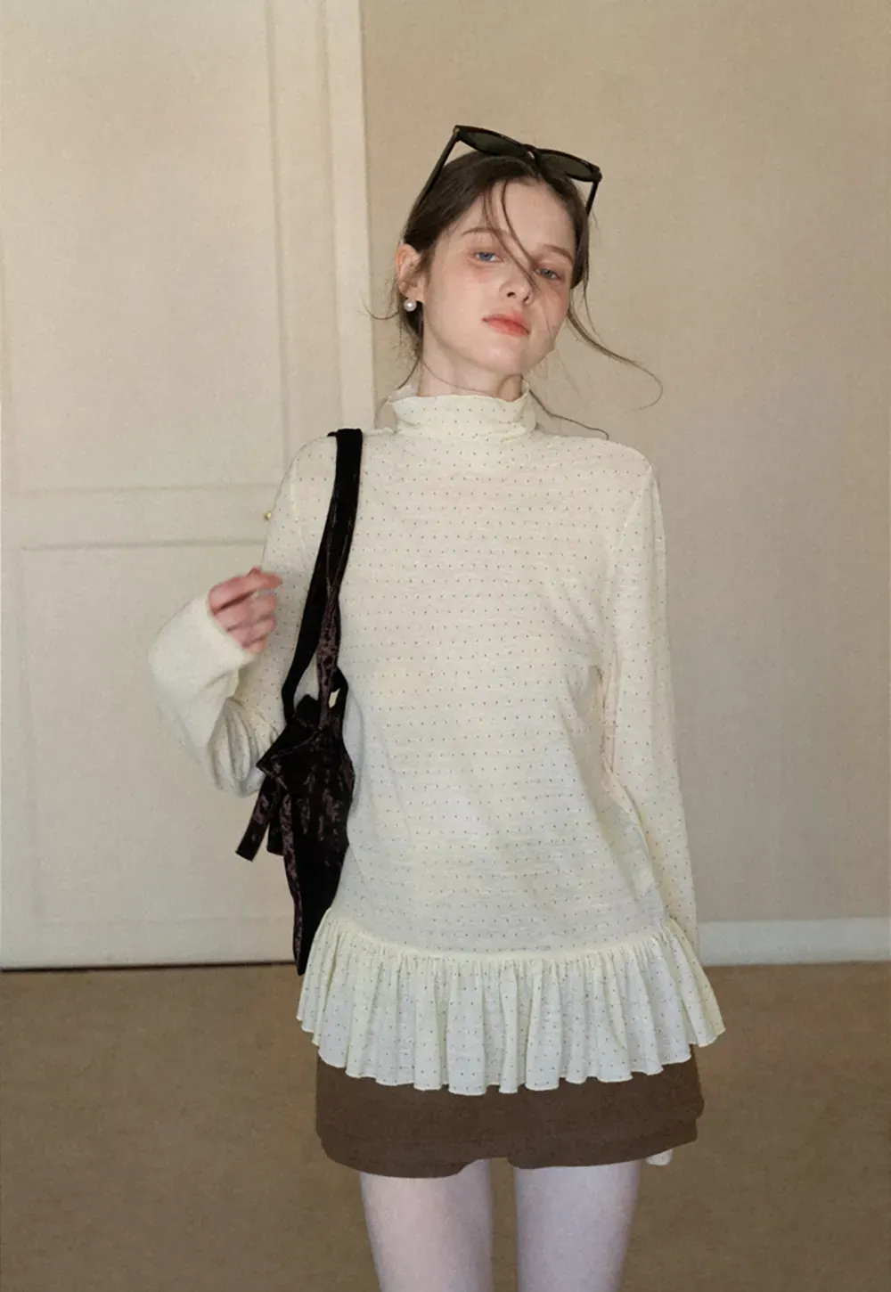 floral dot long sleeve top with ruffle hem