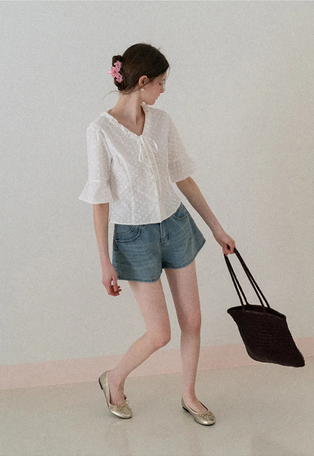 V neck blouse with lace trim and tie front