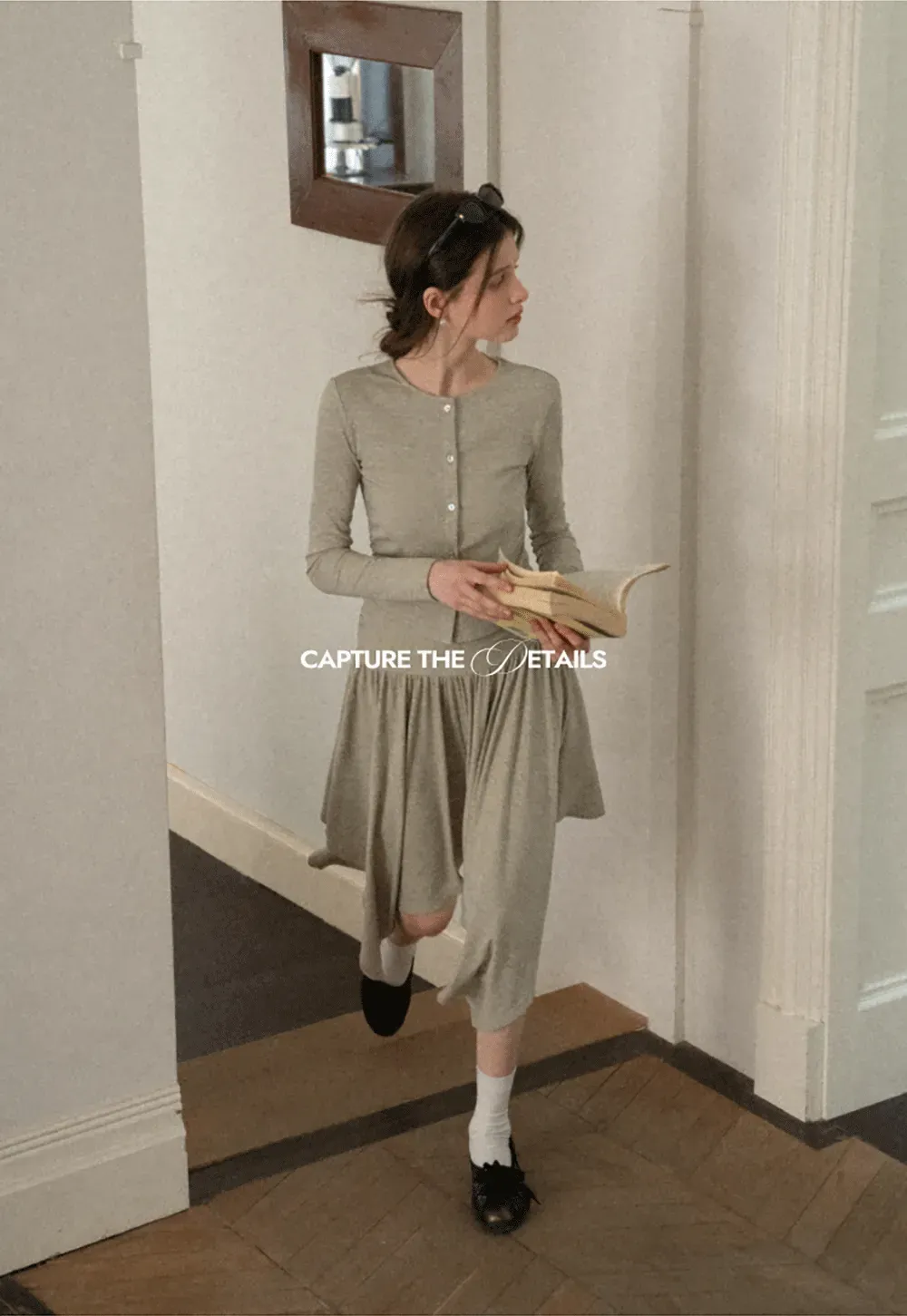 Long sleeve button front top and asymmetrical skirt