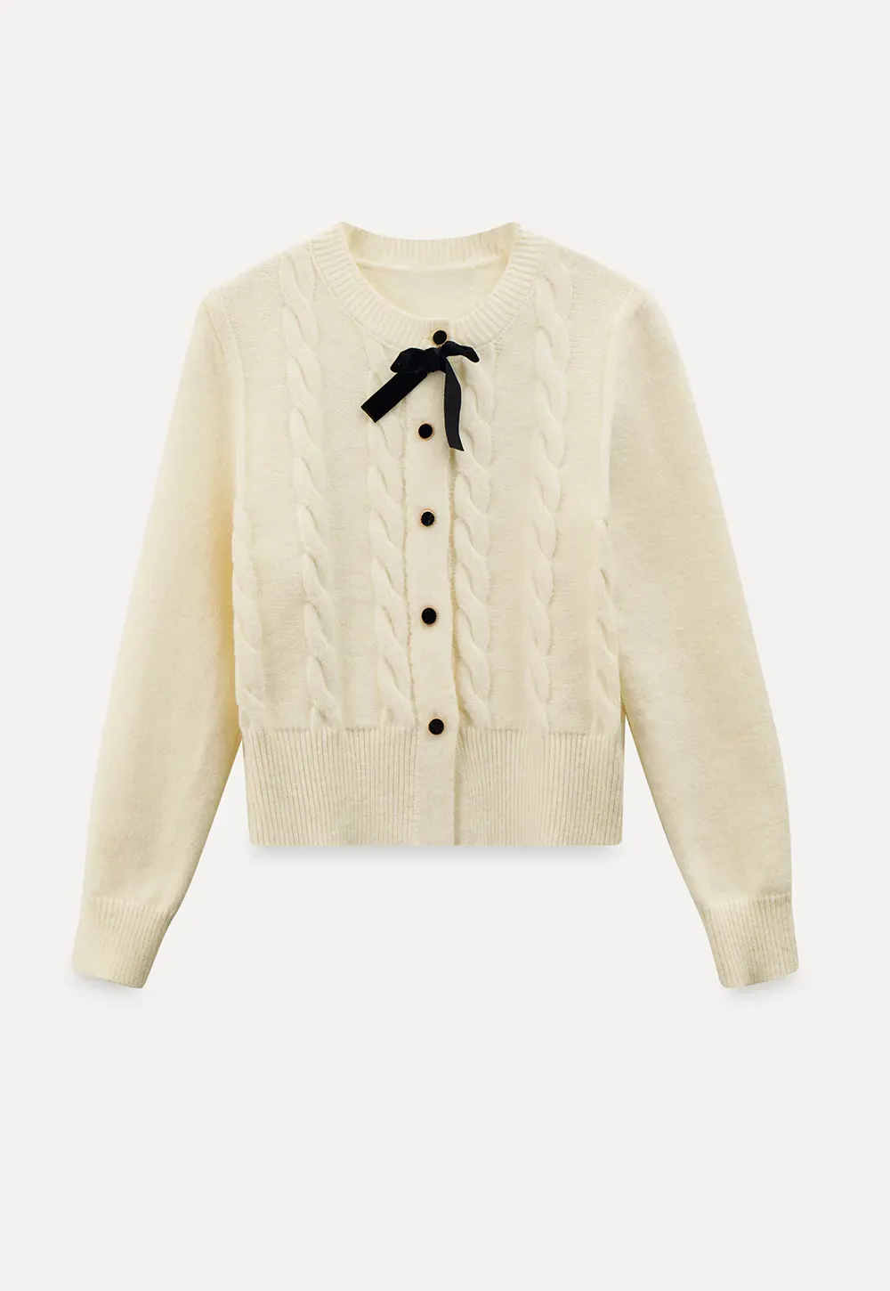 Elegant Cable Knit Cardigan with Bow Detail