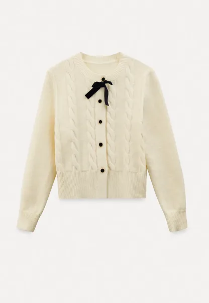 Elegant Cable Knit Cardigan with Bow Detail