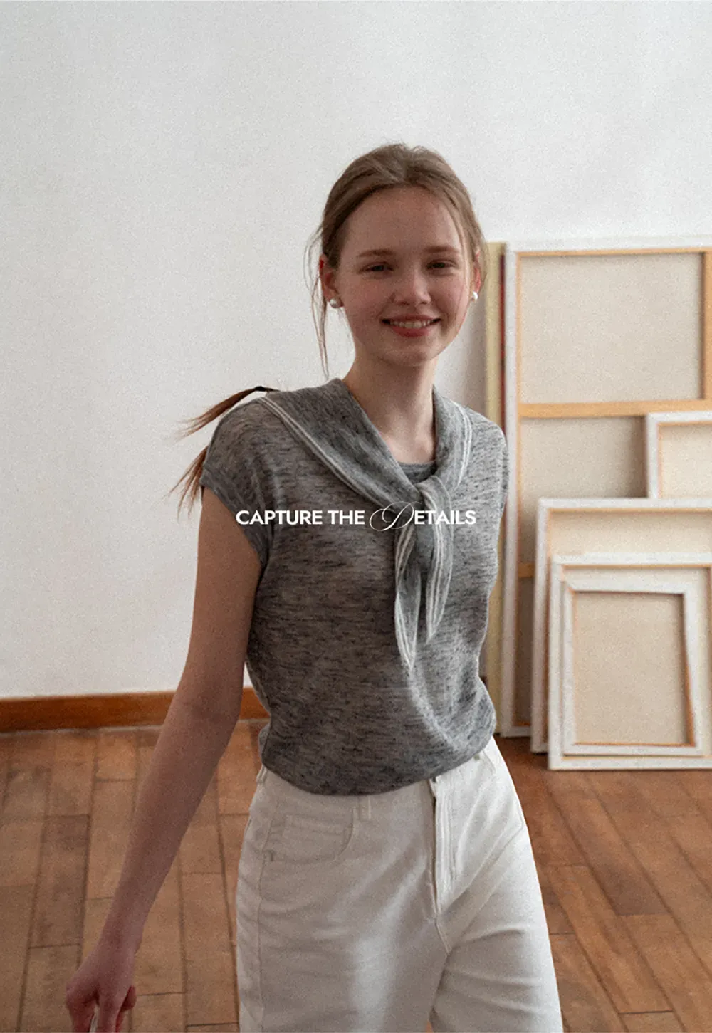 Short Sleeve Knit Sweater with Neck Tie Detail