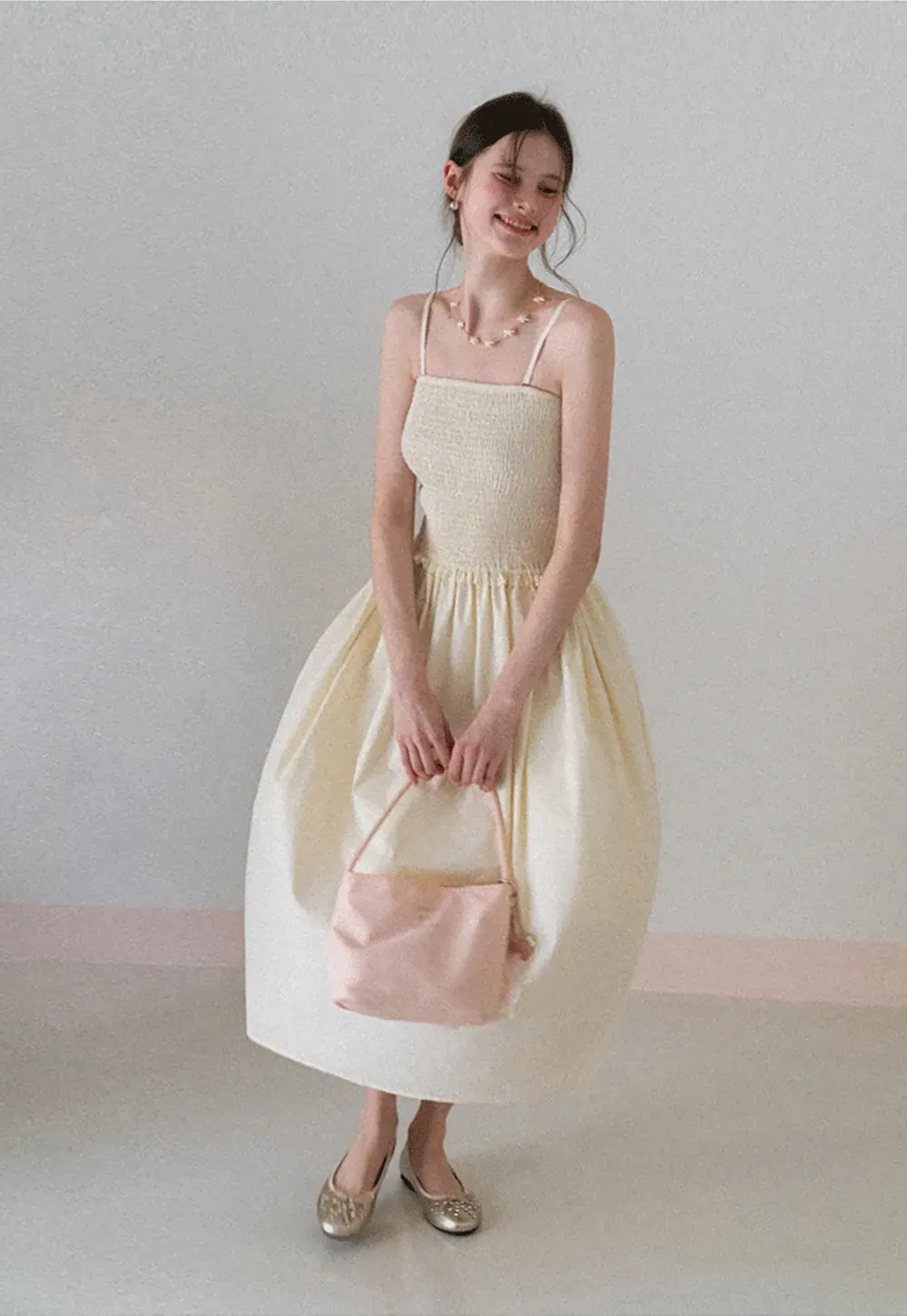 Strapless Smocked Bodice A Line Midi Dress