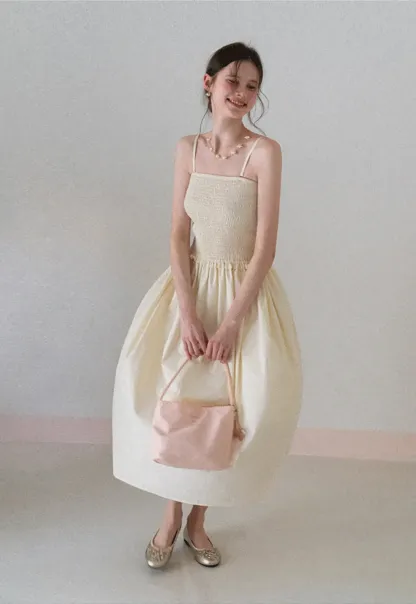 Strapless Smocked Bodice A Line Midi Dress