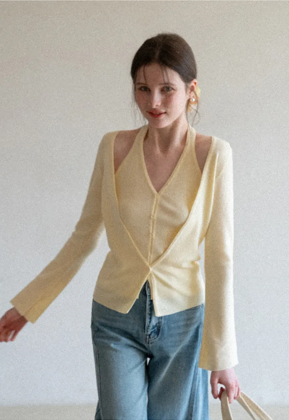 V neck long sleeve knit cardigan with open shoulders