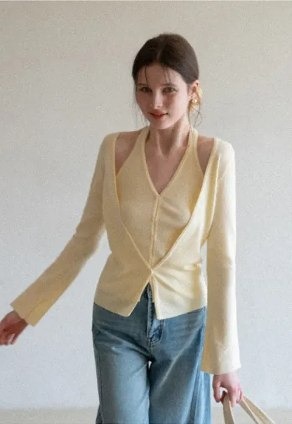 V neck long sleeve knit cardigan with open shoulders