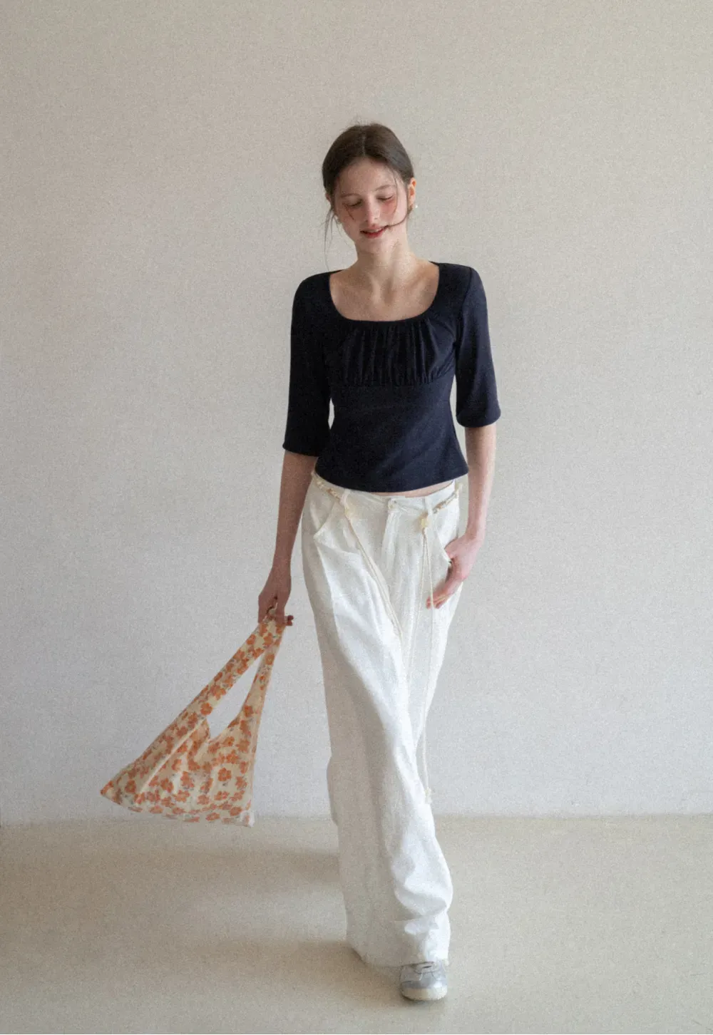 Square neck short sleeve top with gathered detail