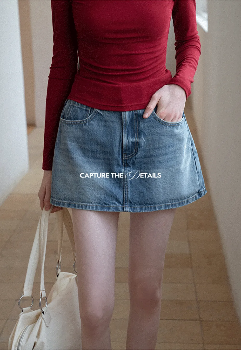 Denim Mini Skirt with Front Pocket and Frayed Hem