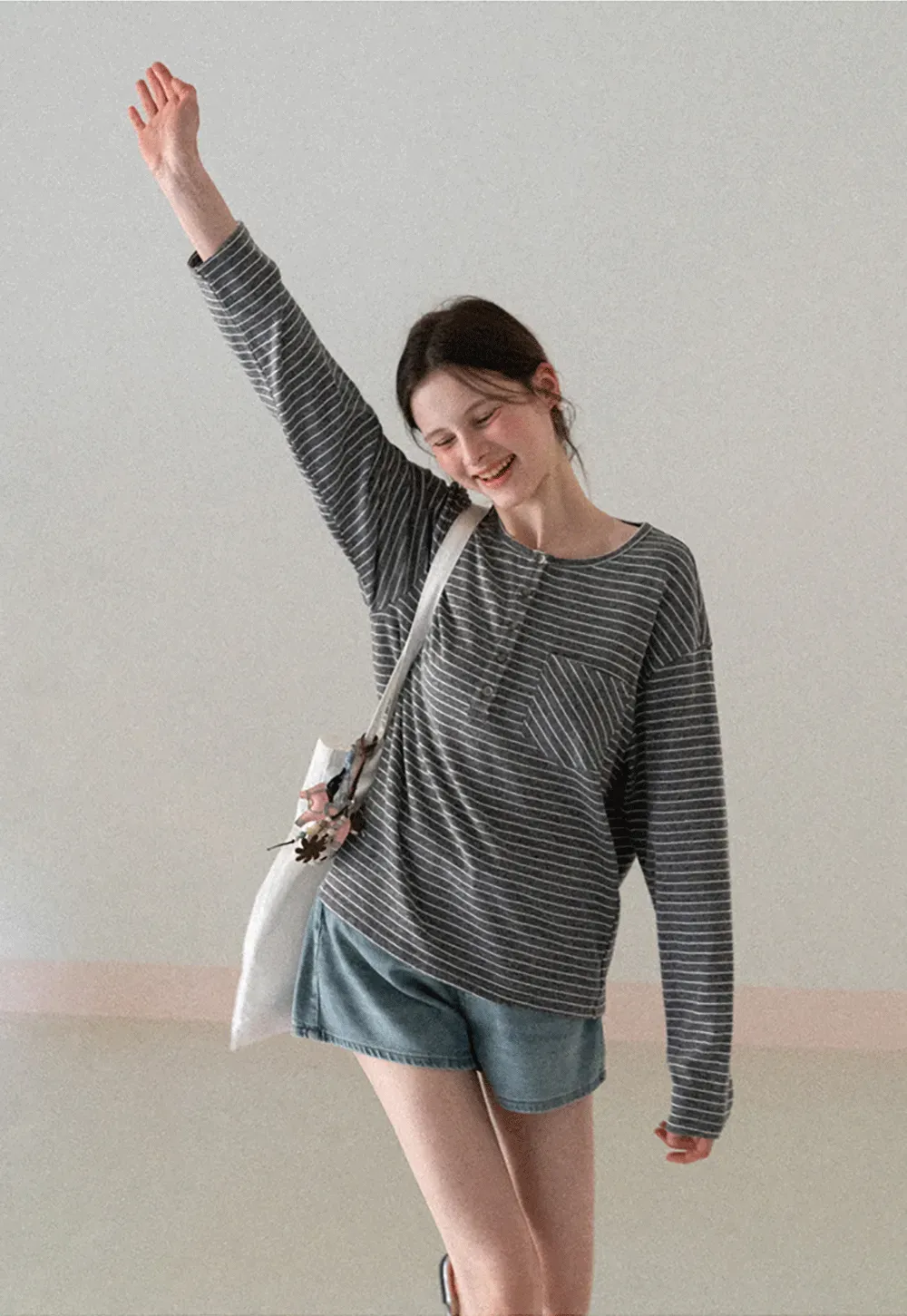 Long sleeve striped henley shirt with chest pocket