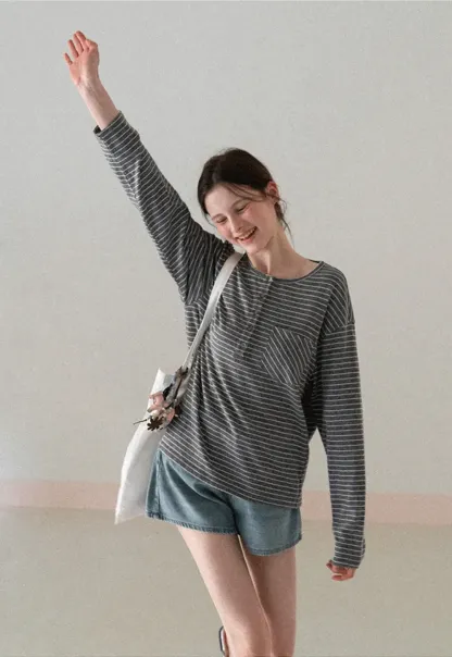Long sleeve striped henley shirt with chest pocket