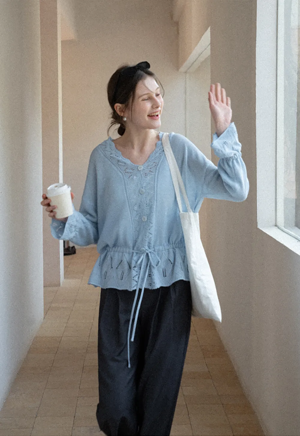 Lace Trimmed V Neck Knit Sweater with Drawstring Hem