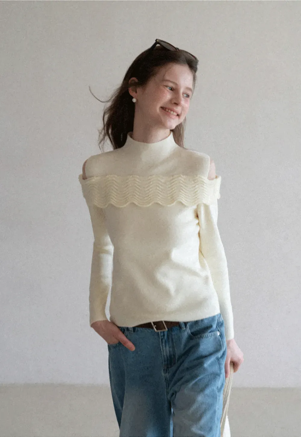 Elegant Off Shoulder Knit Sweater with Wave Detail