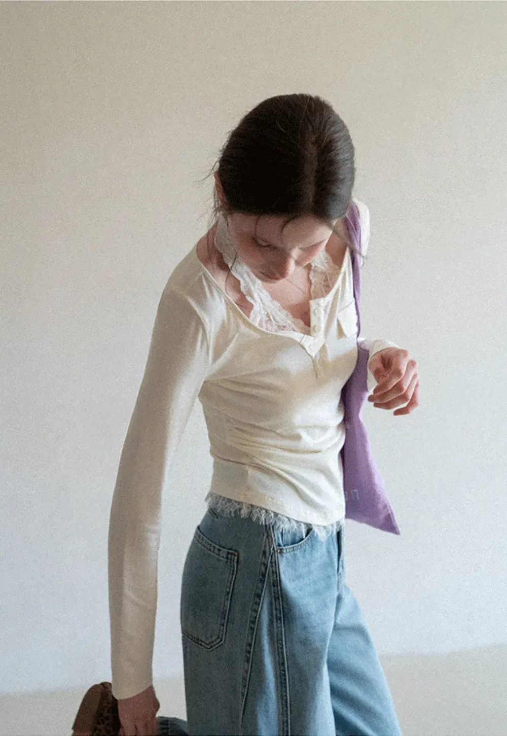 Long sleeve Henley top with lace trim