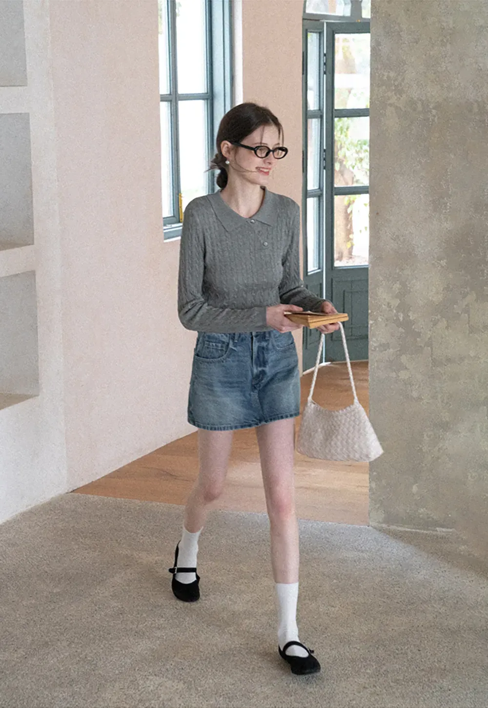 Cable Knit Long Sleeve Polo Neck Cropped Sweater