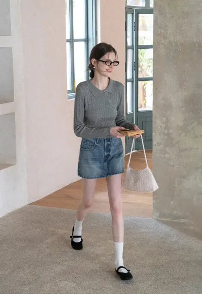 Cable Knit Long Sleeve Polo Neck Cropped Sweater