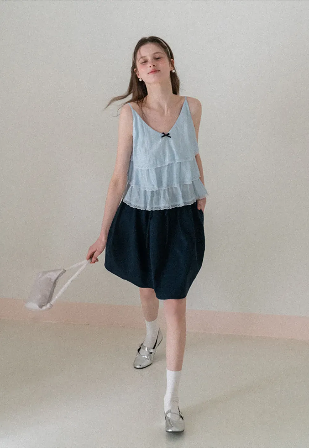 A-line skirt with drawstring waist and layered hem