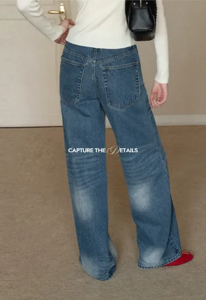 Wide leg high waist denim jeans with faded wash design