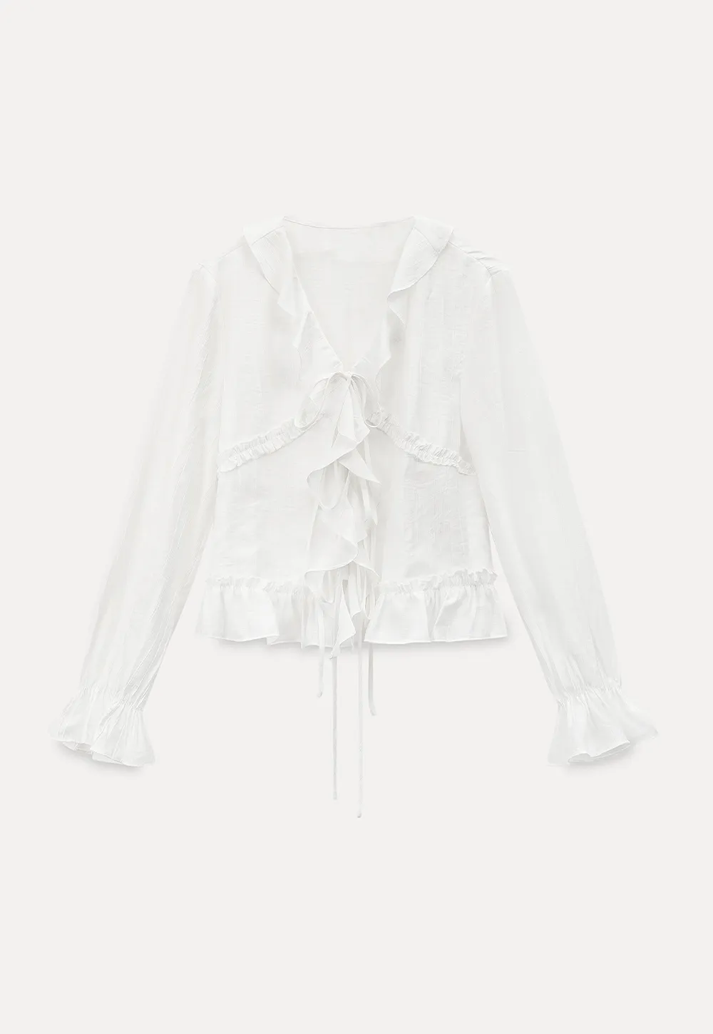 Elegant Blouse with Ruffle Detail and Tie Front Design