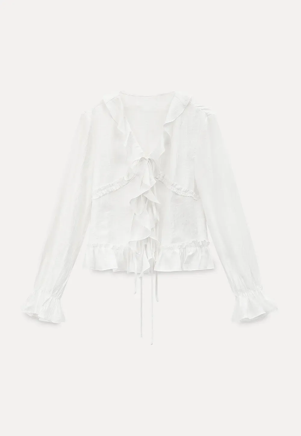 Elegant Blouse with Ruffle Detail and Tie Front Design