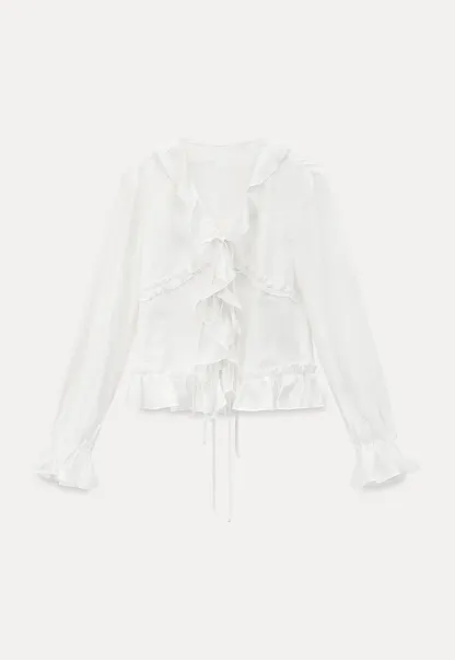 Elegant Blouse with Ruffle Detail and Tie Front Design