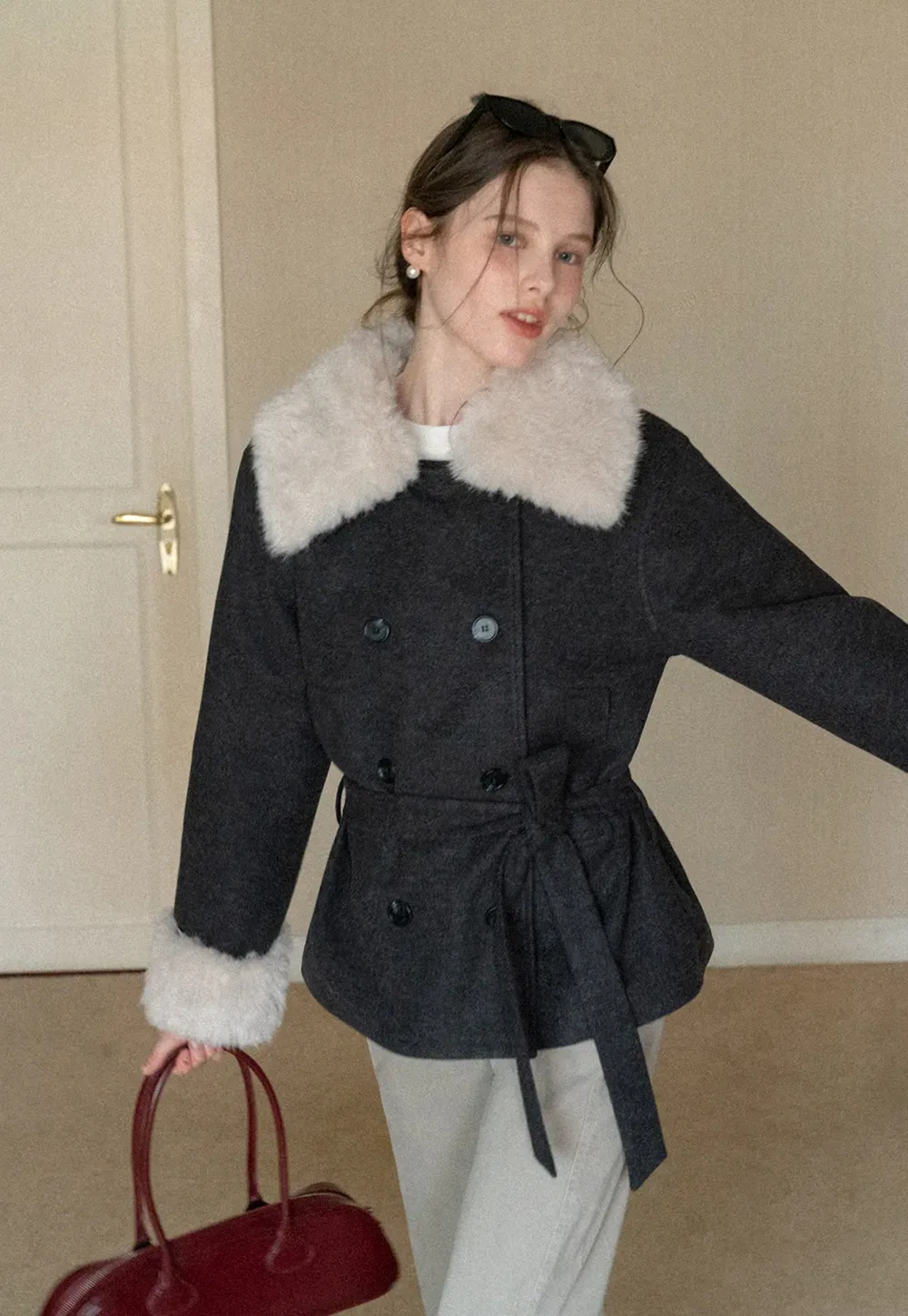 Wool Coat with Fur Collar and Cuff Belted Design