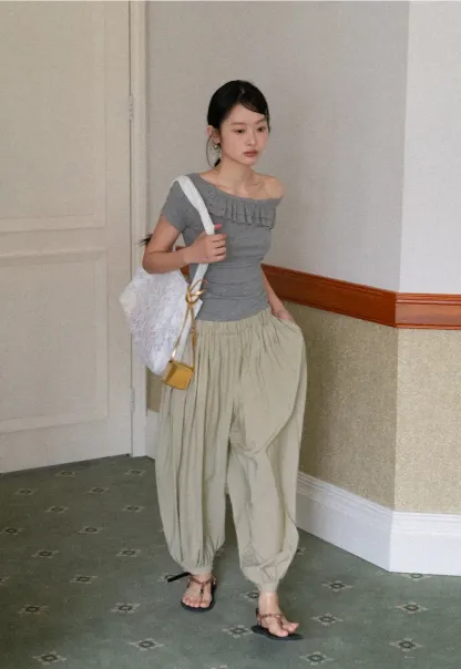 Loose Fit Elastic Waist Wide Leg Pants
