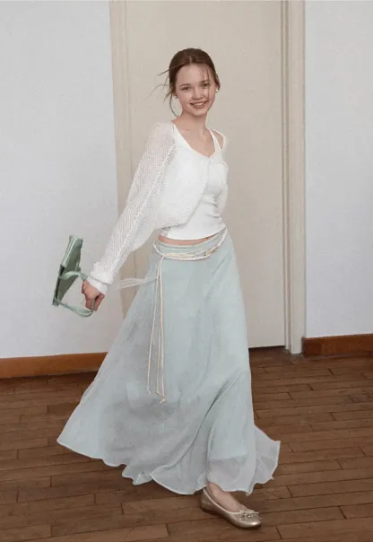 Flowy Maxi Skirt with Lace Trim and Drawstring Waist