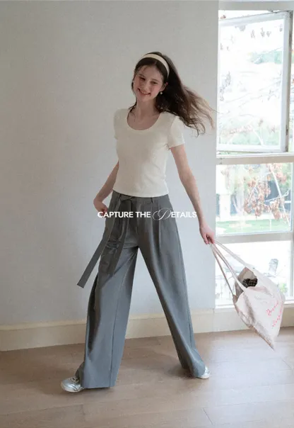 Wide leg casual pants with waist tie