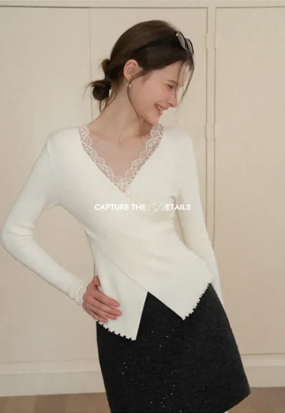 Elegant V Neck Lace Trim Knit Top with Asymmetrical Hem