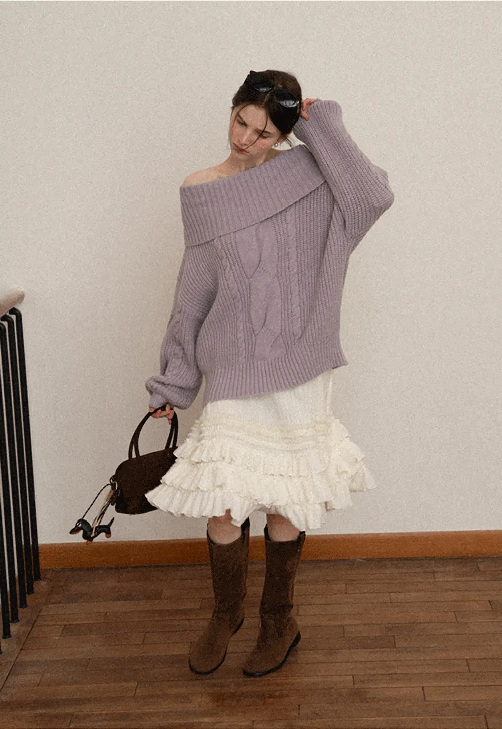 Gray Cable-Knit Turtleneck Sweater